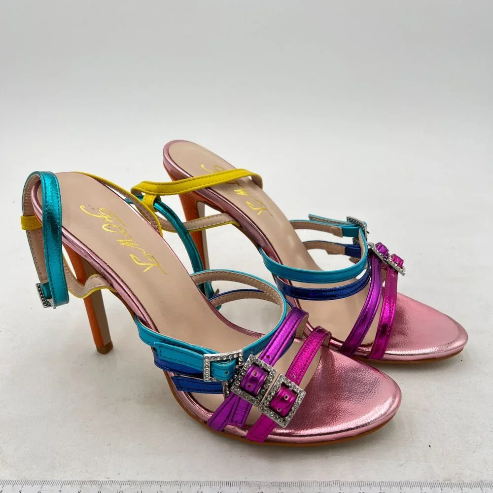 FOWT Light Pink Open Toe Rhinestones Ankle Strap Sandals High Heels Shoes - Picture 4 of 8